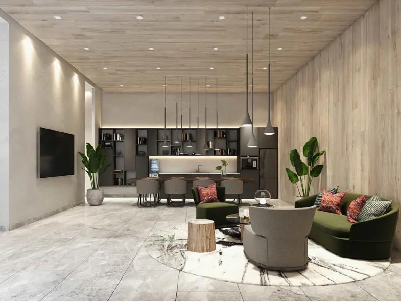 Sảnh cư dân Somerset với sofa xanh